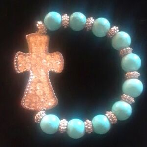Turquoise Beaded Bracelet with Silver Tone Cross Charm
